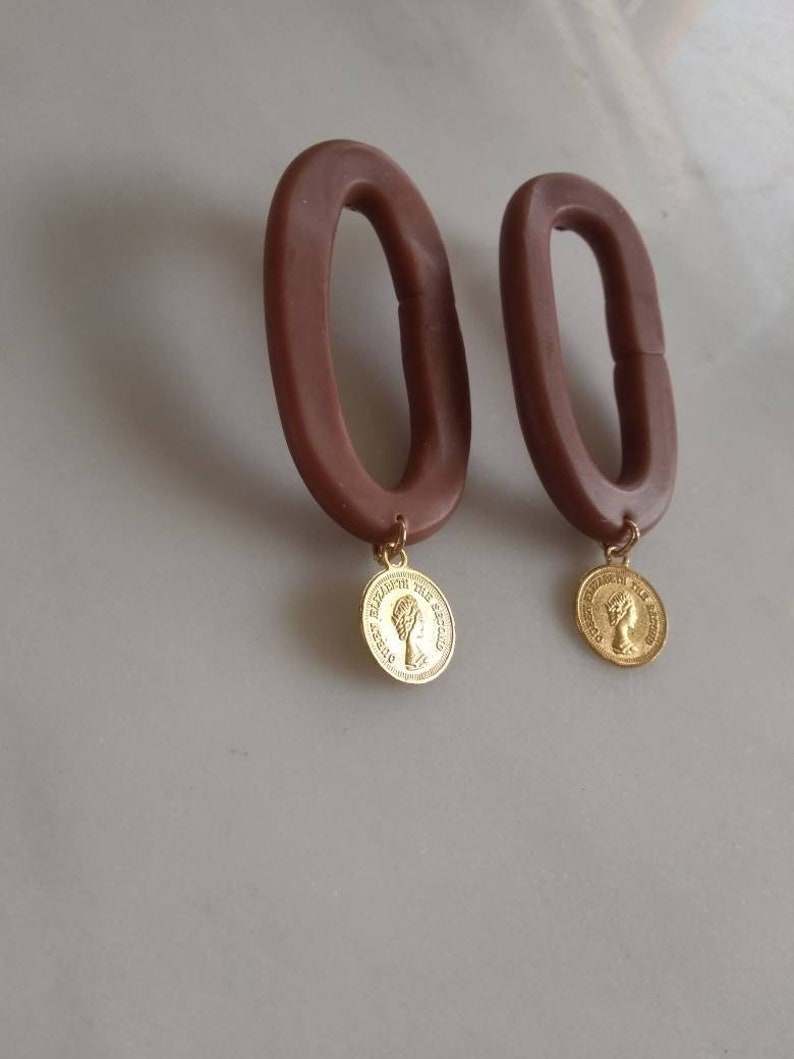 polymer clay statement earring. Brown oval earrings. Geometric earrings. Drop earrings. Golden coin earrings. image 8