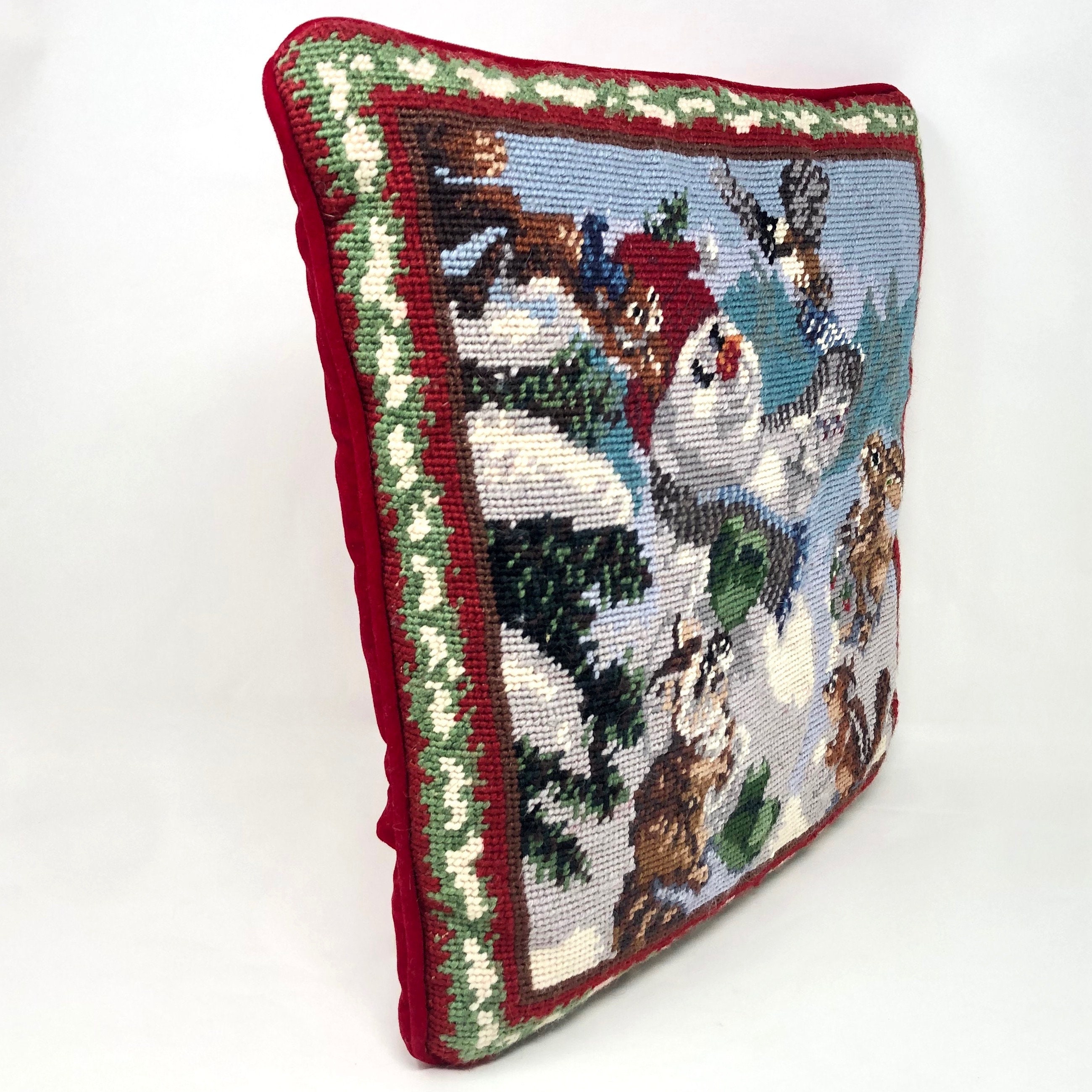 Vintage Needlepoint Christmas Pillow Needlepoint Snowman Etsy