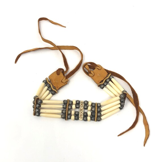 Small Black Carved Western Style Costume Choker With Breast Shield Necklace Made From Real Buffalo Bone 