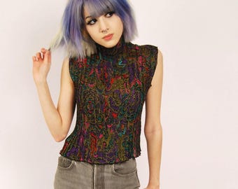 90s High Tank Tank (M) medium violett grünes Vintage Damen Oberteil