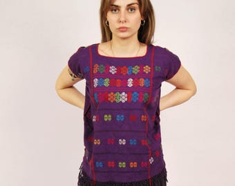 Y2K Mexicaanse geborduurde blouse (L) grote paarse vintage damestop