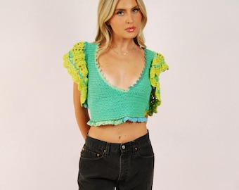 80s Crochet Blouse (M) medium green vintage womens top