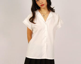 80er Jahre Button Up Bluse (L) in groß für Damen in weiß