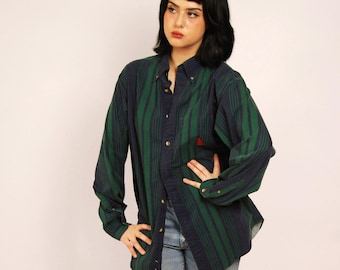 90s Striped Dress Shirt (M) medium green blue vintage mens