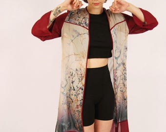 Cardigã vintage feminino Y2K em seda transparente (M) vermelho médio
