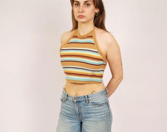 Y2Kニットホルタータンクトップ（Mサイズ）ミディアムブルーブラウンヴィンテージトップ