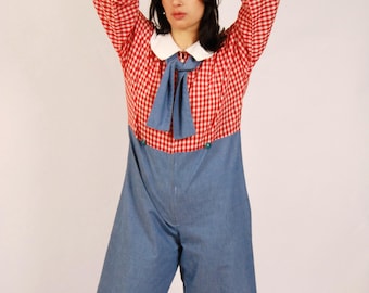 70s Gingham Jumpsuit (XL) large red white