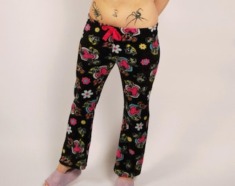 Pantalones de pijama de las Chicas Superpoderosas Y2K (S) talla pequeña, negro, rosa, estilo vintage para mujer