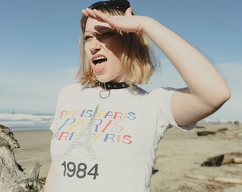 Paris Baby Tee (S) vintage 80s white eiffel tower crop top t-shirt small