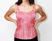 vintage FLORAL CAMI (S) pink 90s tank top pleat ruched shirt blouse crepe embossed jacquard slim fit skinny bodycon bandage lingerie salmon