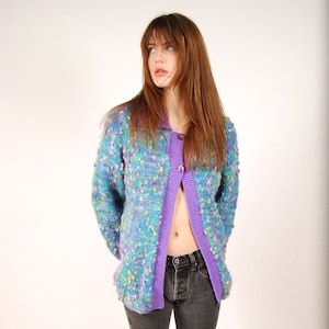 80s Fuzzy Cardigan L teal purple rainbow oversized kidcore sweater knit vintage large image 1