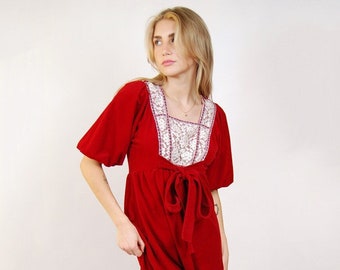 70s Red Velvet Dress (S) lace puff sleeves vintage maxi dress floral trim tie back waist small velveteen