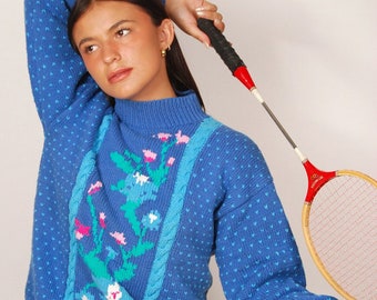 80s floral sweater (L) mock neck boxy preppy large blue