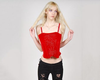 Y2K Velvet Corset (36) vintage red beaded medium cami top