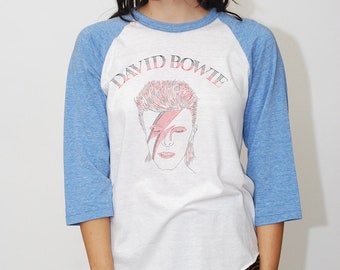 80s David Bowie T-Shirt (L) vintage white blue men women 70s ziggy stardust baseball rock n roll rocker band tour concert screen stars top