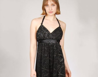 Glittery Halter Dress (L) vintage 90s black fishtail metallic large
