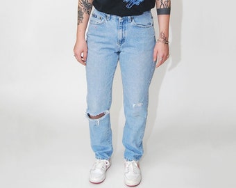 Vintage Faded Jeans (28) hellblaue Waschung 80er Jahre lee Männer Frauen zerrissen Loch rip verjüngt sich lang baggy slouchy locker entspannte Passform Freund Mama