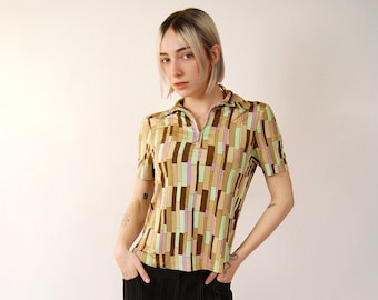 Y2K Geometric Polo (S) vintage beige pattern women top small