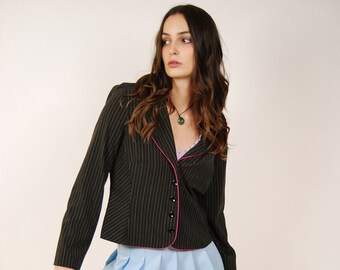 Vintage Pinstripe Blazer (M) black Y2K women suit jacket medium