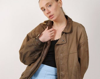 80s Leather Jacket (2XL) vintage brown faded distressed