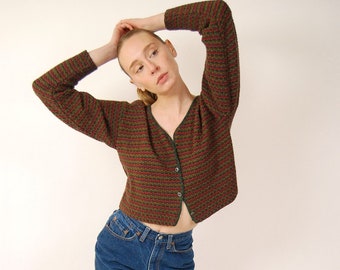 Vintage Knit Cardigan (L) green 90s stripe sweater large