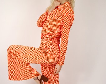 70s Disco Outfit (L) vintage orange gingham top pants set large