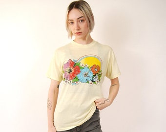 70s Hang Ten T-shirt (L) yellow vintage surf floral men women large