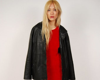 Leather Paneled Jacket (L) vintage 90s black button up large women