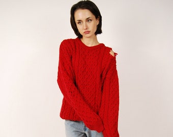 Distressed Fisherman Sweater (L) vintage 80s red chunky knit irish large men women