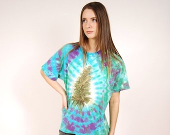 90s Weed T-shirt (L) vintage teal tie dye marijuana