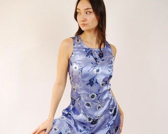 Floral Sundress (M) vintage 90s blue satin tie mini sun dress medium