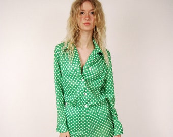 70s Disco Outfit (S/M) vintage green polka dot pants top set small