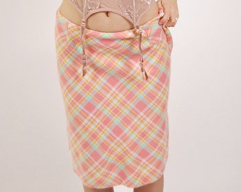 60s Plaid Skirt (27) vintage pink midi pastel small
