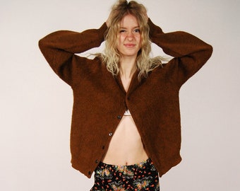 70s Mohair Cardigan (M) vintage brown shaggy sweater men women medium