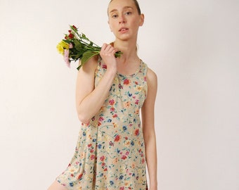 90s Floral Sundress (M) vintage beige mini dress medium