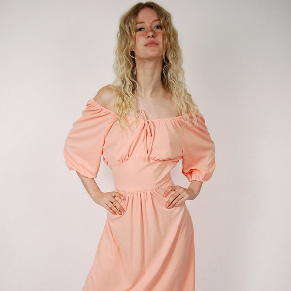 60s Peach Dress (M) vintage pastel party off shoulder pleat medium