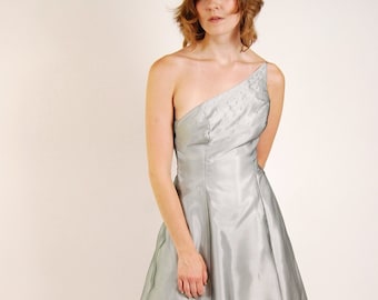 90s Prom Dress (7/8) vintage ice blue rhinestones one shoulder formal gown