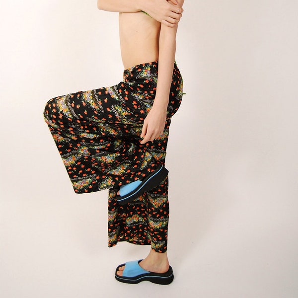 70s Palazzo Pants (XS-XL) vintage black floral print wide leg