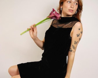 50s Velvet Dress (M) black mesh evening medium