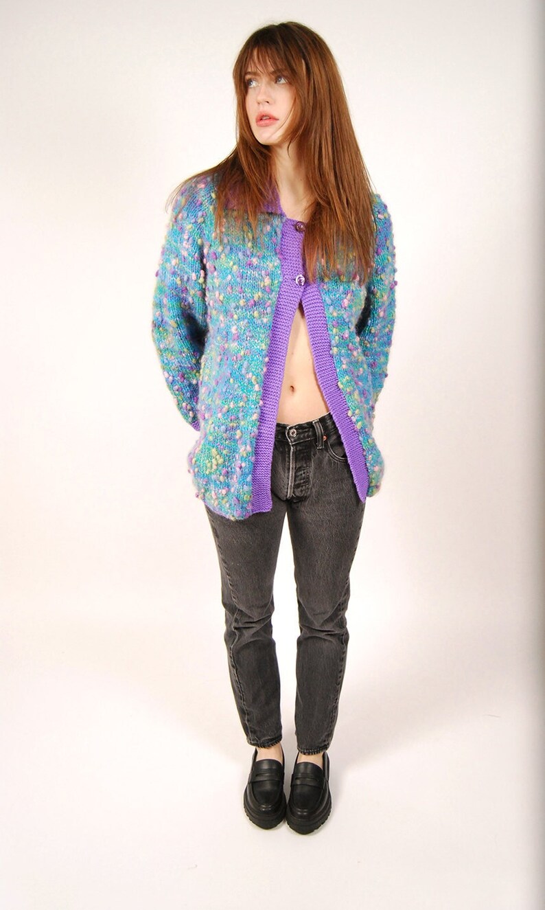 80s Fuzzy Cardigan L teal purple rainbow oversized kidcore sweater knit vintage large image 1