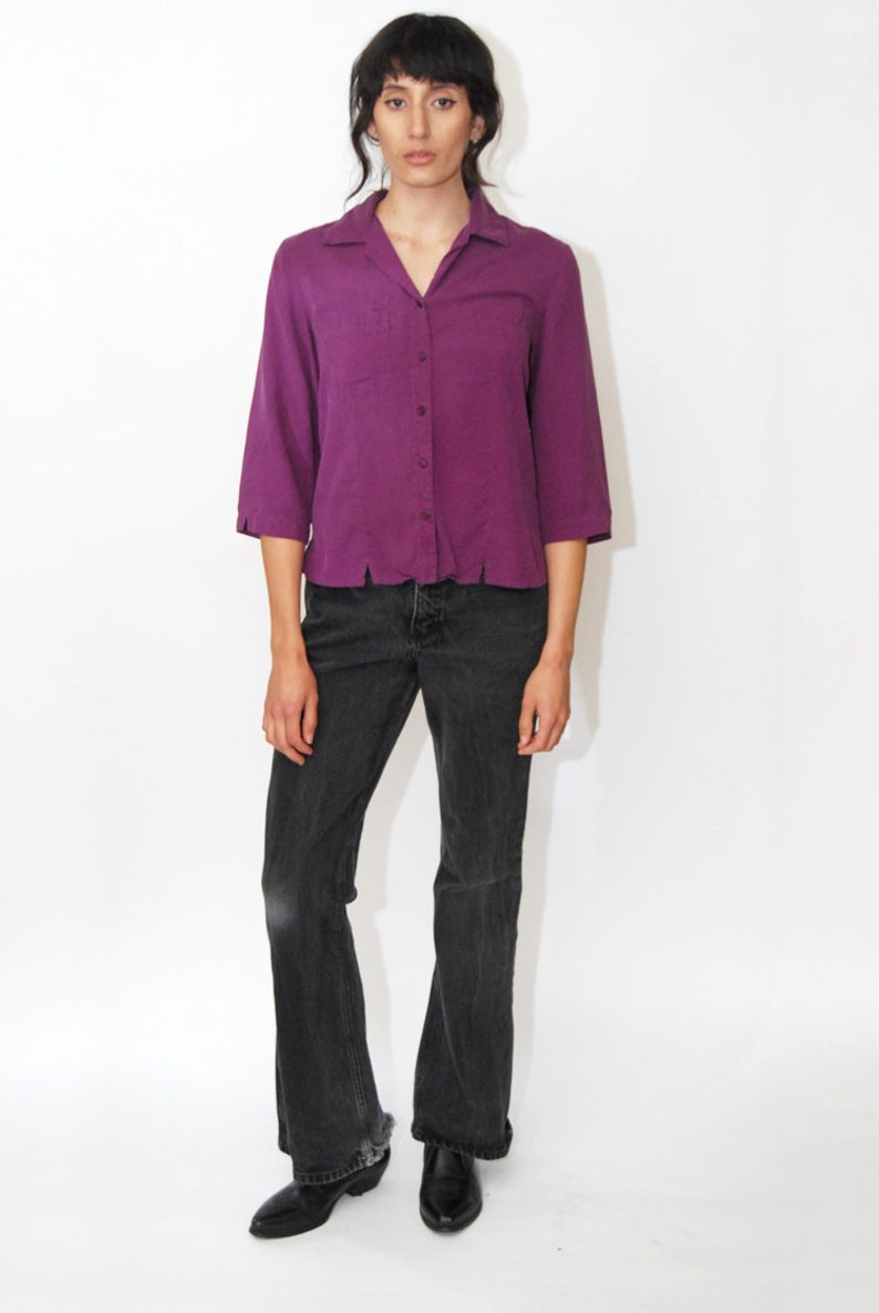 vintage purple eggplant button up down shirt blouse half sleeve plain basic minimal minimalist fitted slim fit pockets plum S 90s SILK TOP
