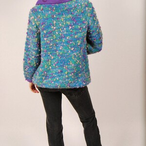 80s Fuzzy Cardigan L teal purple rainbow oversized kidcore sweater knit vintage large image 3