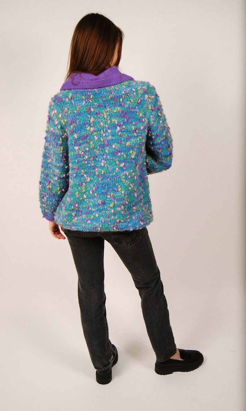 80s Fuzzy Cardigan L teal purple rainbow oversized kidcore sweater knit vintage large image 3