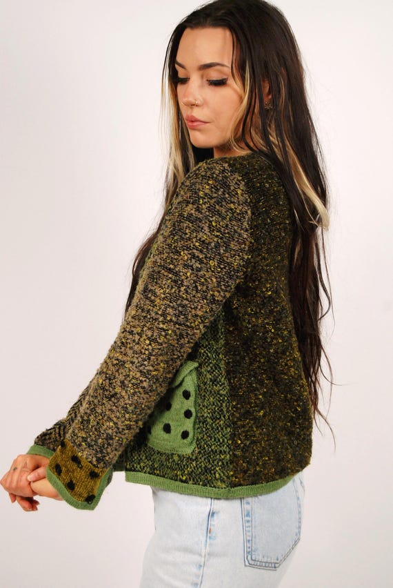90s Multi Pattern Cardigan (M) patchwork green me… - image 2