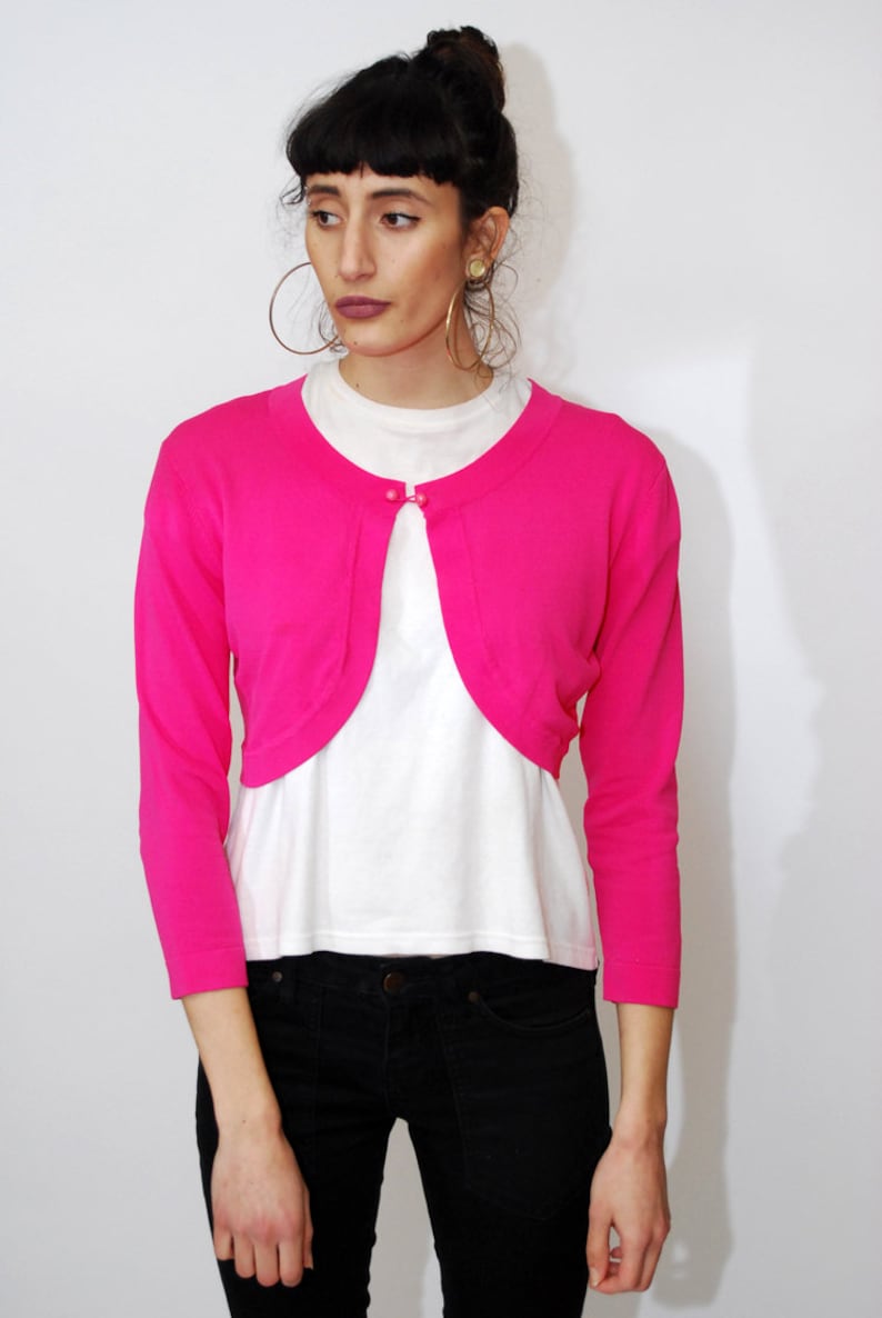 vintage hot pink top shirt blouse long sleeve petite skinny slim fit small xs medium neon sweater jumper minimal colorful 90 80s SHRUG SM