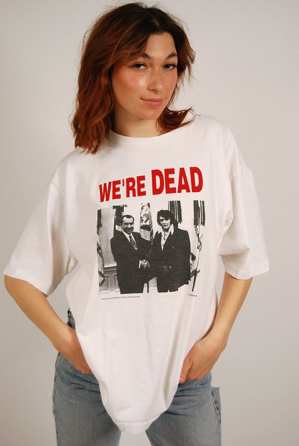 Nixon & Elvis T-shirt (L) Vintage White 90s We're Dead Large Men
