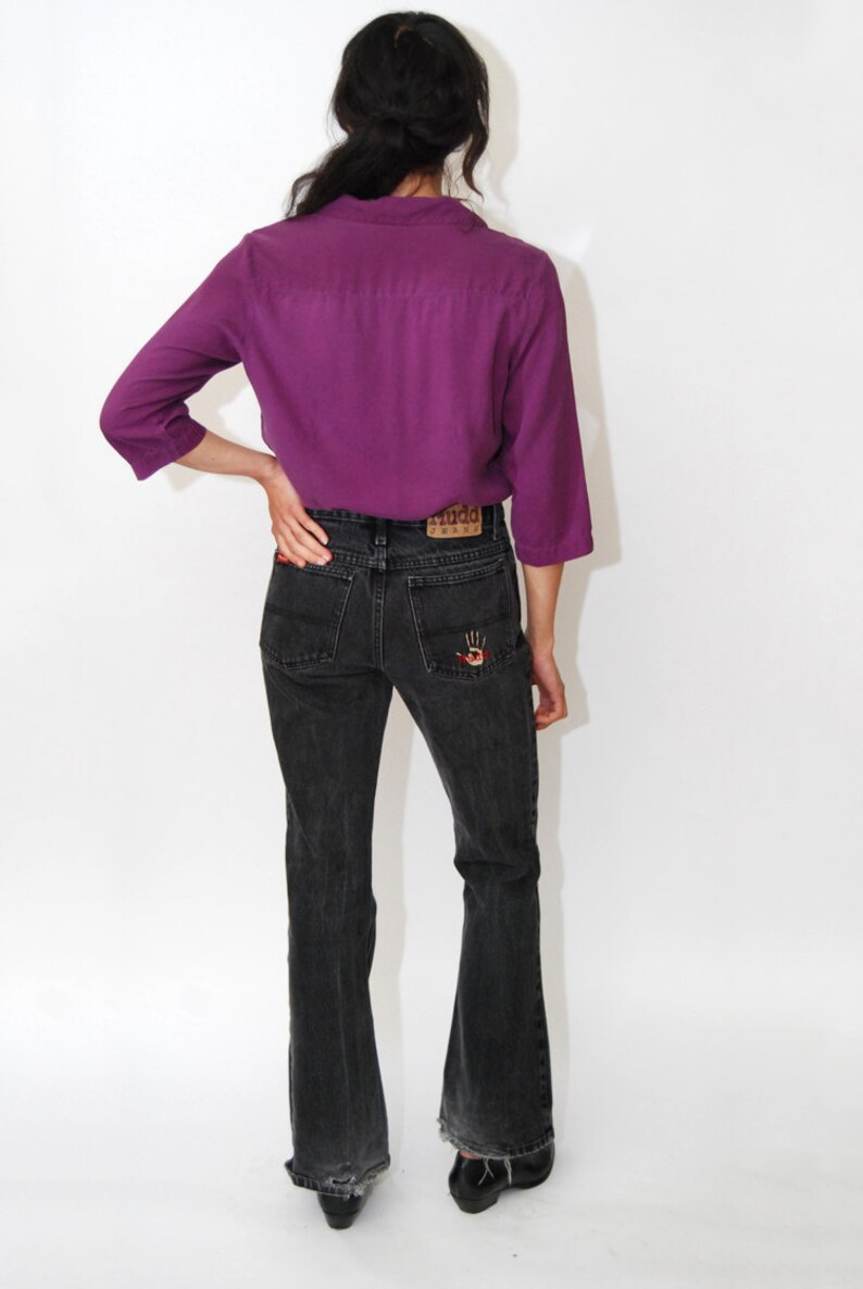 vintage purple eggplant button up down shirt blouse half sleeve plain basic minimal minimalist fitted slim fit pockets plum S 90s SILK TOP