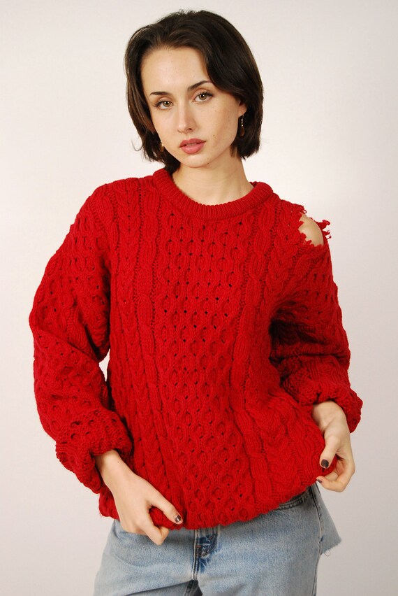 Distressed Fisherman Sweater (L) vintage 80s red … - image 8