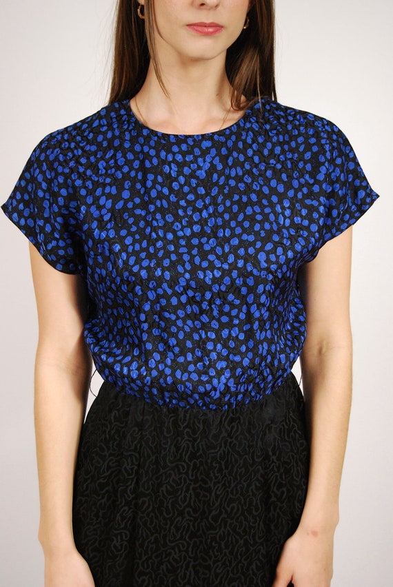 80s Silk Dress (6) blue black polka dots vintage … - image 7