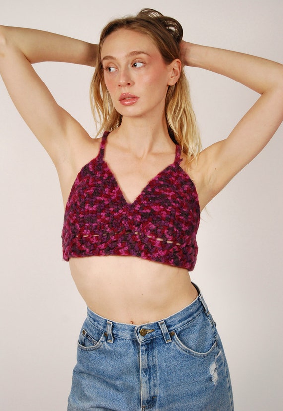 70s Purple Crochet Top (M) fuzzy soft pink plum m… - image 6